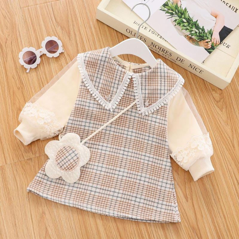 

Girl Dresses 0-4 Years Old Baby Long-sleeved Lace Stitching Dress Spring And Autumn Flower Satchel Plaid Princess, Photo color