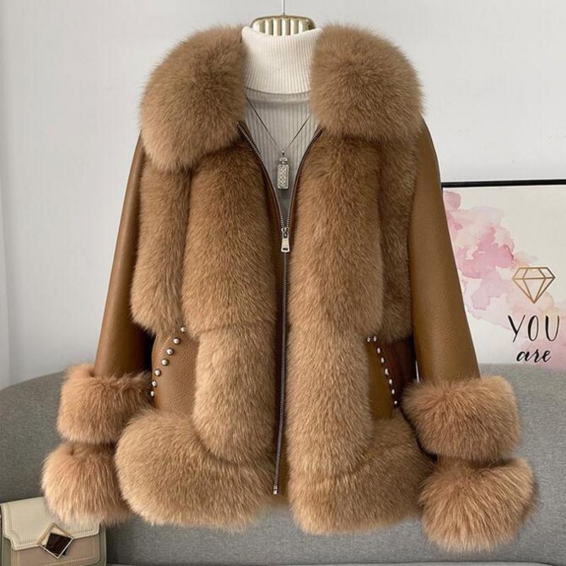 

Women's Fur Faux ZDFURS Women Coats Genuine Leather Jackets Collars Winter Warm Clothing Overcoats Outwear Rivet 221006, Brown