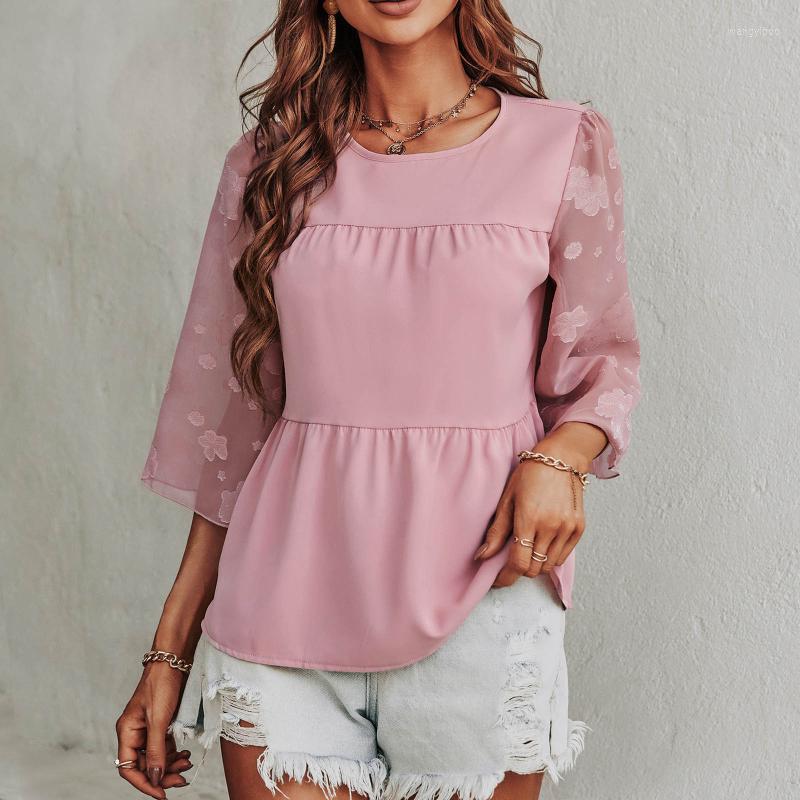 

Women' Blouses Women' & Shirts Fashion Elegant Women Solid Color O Neck Mesh Panel Three Quarter Sleeve Womens Tops And Lady, Pink