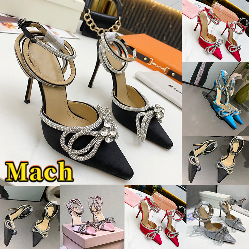 

Mach Dress Shoes 10cm Silk Satin Double Bow Crystal women high heel designer Wedding Party sandals Stiletto Heels white black pink red silver reflective sandal, Shoes box