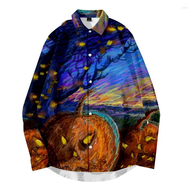 

Men's Casual Shirts Men Halloween Blue Print Spring Autumn Lapel Long Sleeve Button Up Shirt, Style 2