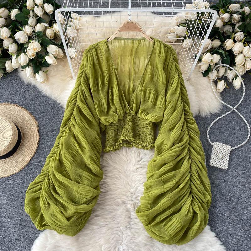 

Women's Blouses Spring Bubble Sleeve Short Chiffon Shirt For Women V Neck Sheer Crepe Puffy Crop Top Green Pink Purple, White