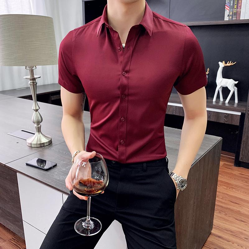 

Men's Casual Shirts High Quality Summer Men Fashion Short Sleeve Solid Shirt Slim Fit Social Business Dress Mens Blouse, Black