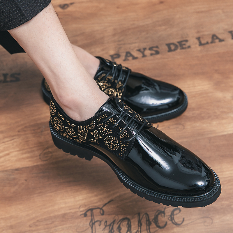 

Luxury brogue leather oxford shoes rhinestone patent pointed toe one stirrup men's fashion formal casual shoes various sizes, Black