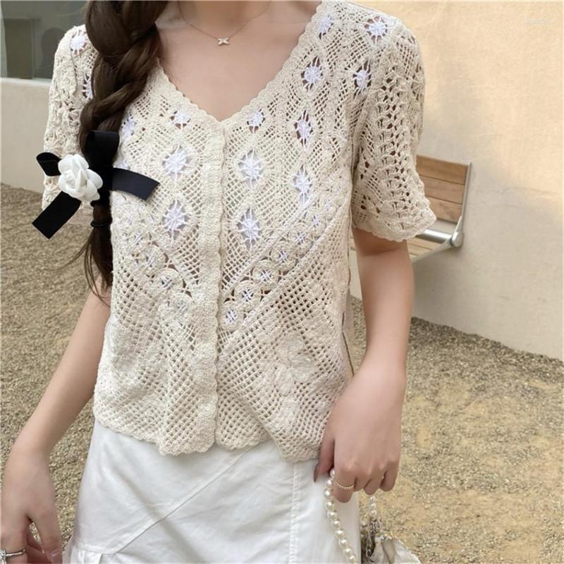 

Women's Blouses 2022 Summer Short Sleeve Knitted Tops Boho Beach Clothes Women Sexy Hollow Out Crochet Crop Top French Chic Fashion Shirt, White