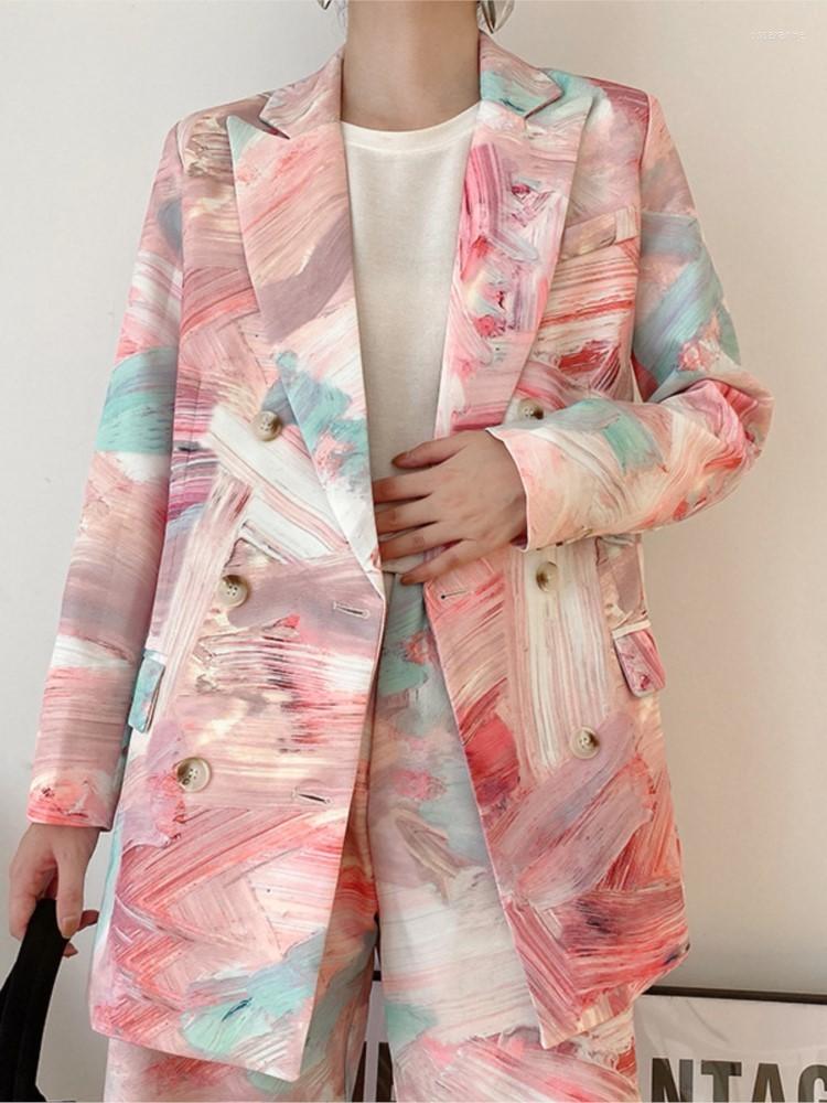 

Women' Suits Women Fashion Graffiti Print Double Breasted Blazers Vintage Lapel Long Sleeve OL Pink Jackets Female Outerwear Autumn 2022