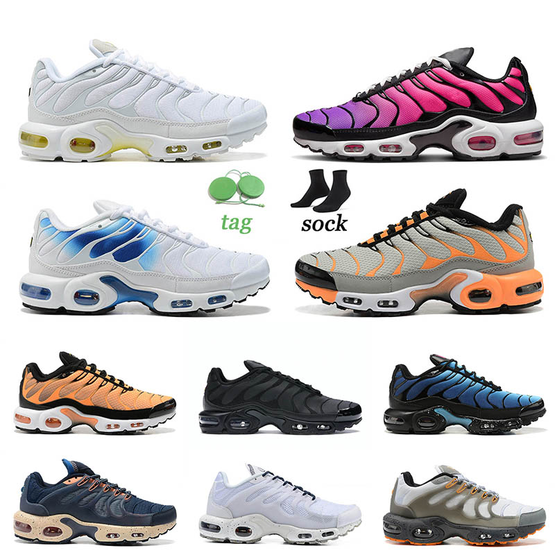 5A-Top Qualité Hommes Tn Plus Se Chaussures De Course Créateur De Mode Nods À La Nature Argent Swooshes Et Cages Crépuscule Noir Blanc Dégradés F