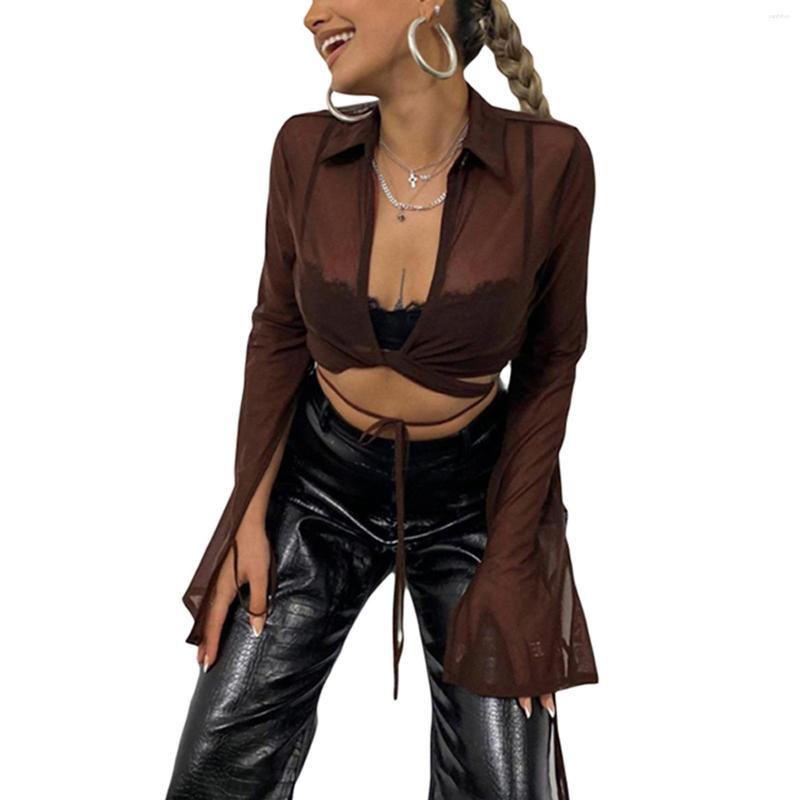 

Women' Blouses Ladies Sexy Mesh Midriff-baring Tops Autumn Women Solid Color Lapel Long Sleeve Perspective Tie Up Cardigan Base Shirt, Auburn