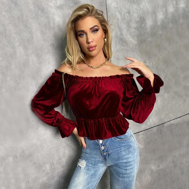 

Women' T Shirts 2022 Autumn And Winter Women' Dress Collar Ruffled Temperament Elegant Sexy Wild Velvet Long Sleeve T-shirt Blouse, Burgundy