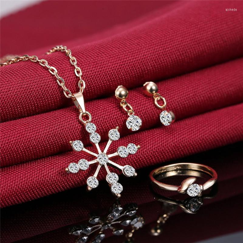 

Necklace Earrings Set Simple Snowflake Pendant Earring Ring Women's Jewelry Costume Gold Wedding Party Bride Earings Trendy, Picture shown