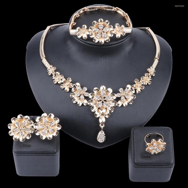 

Necklace Earrings Set Bridal For Women Accessories Crystal Big Flower Gold Wedding Ring And Party Jewellery, Picture shown