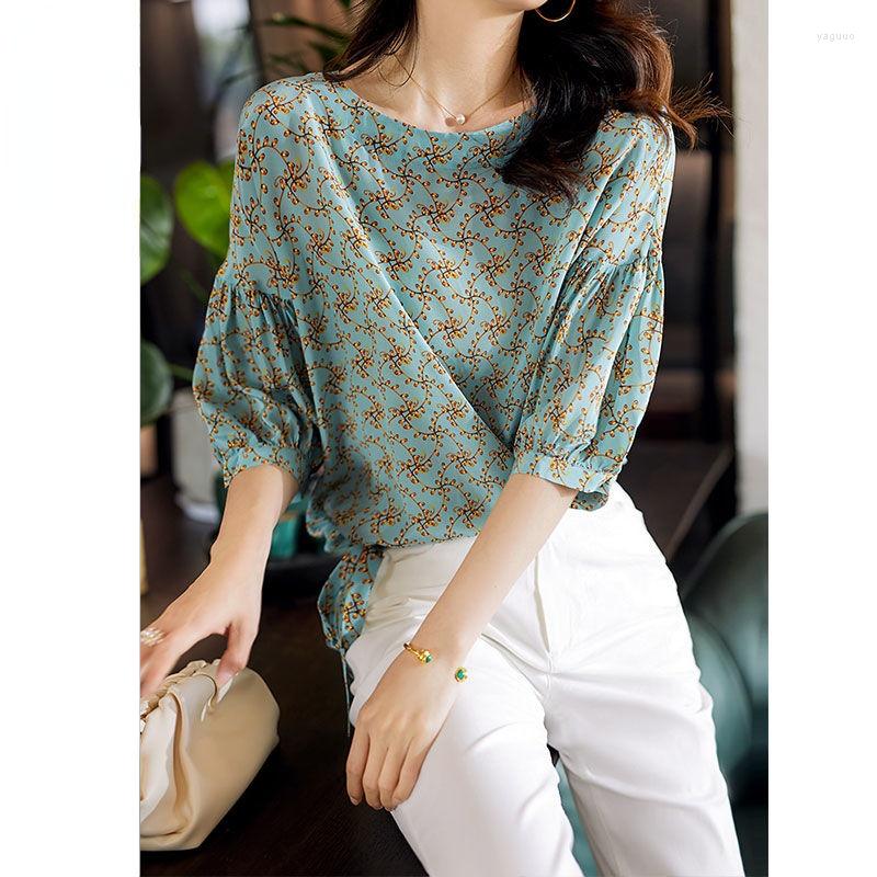 

Women's Blouses Blouse Women Women's Printed Chiffon Shirts 2022 Summer Round Neck Blusas Ropa De Mujer, Blue