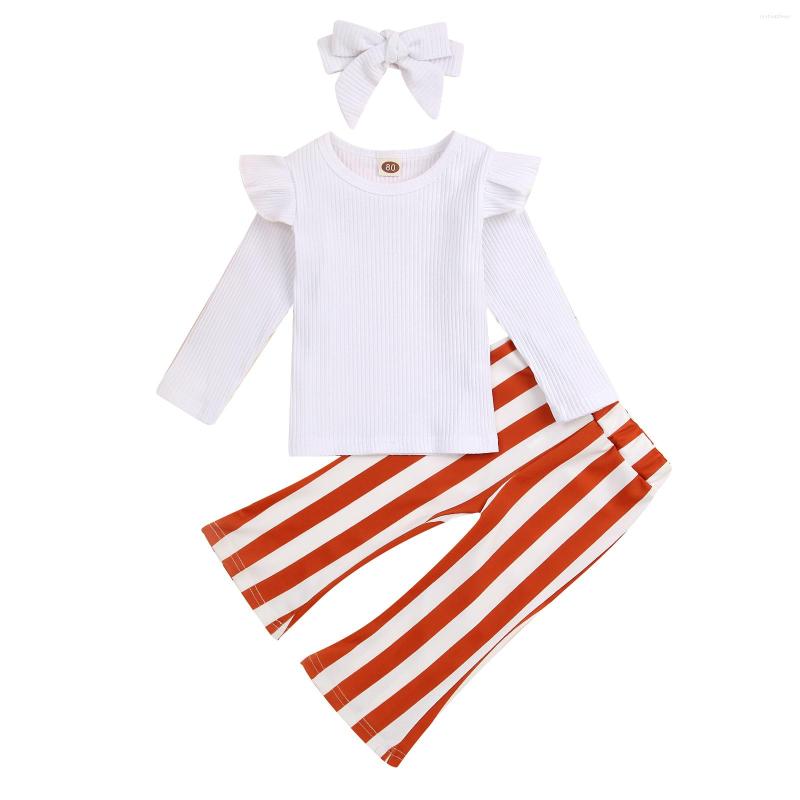 

Clothing Sets Toddler Baby Girl Long Pants Outfits Sleeve Solid Color Ruffles Decor Tops Stripe Pattern Cute Headband Set 6M-4T, Picture shown