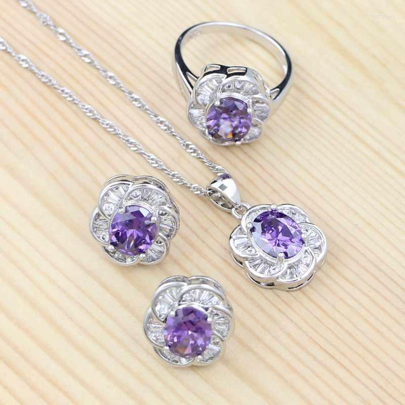 

Necklace Earrings Set Purple Cubic Zirconia For Women 925 Silver Ring Pendant Stud Bridal Wedding Jewelry, Picture shown