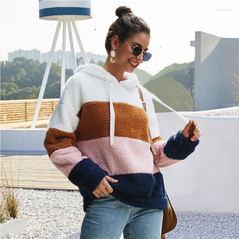 

Women' Hoodies Women Autumn Winter Warm Clothes Long Sleeves Pullover Tops Fleece Hooded Colorful Patchwork Fashion Casual Tunic