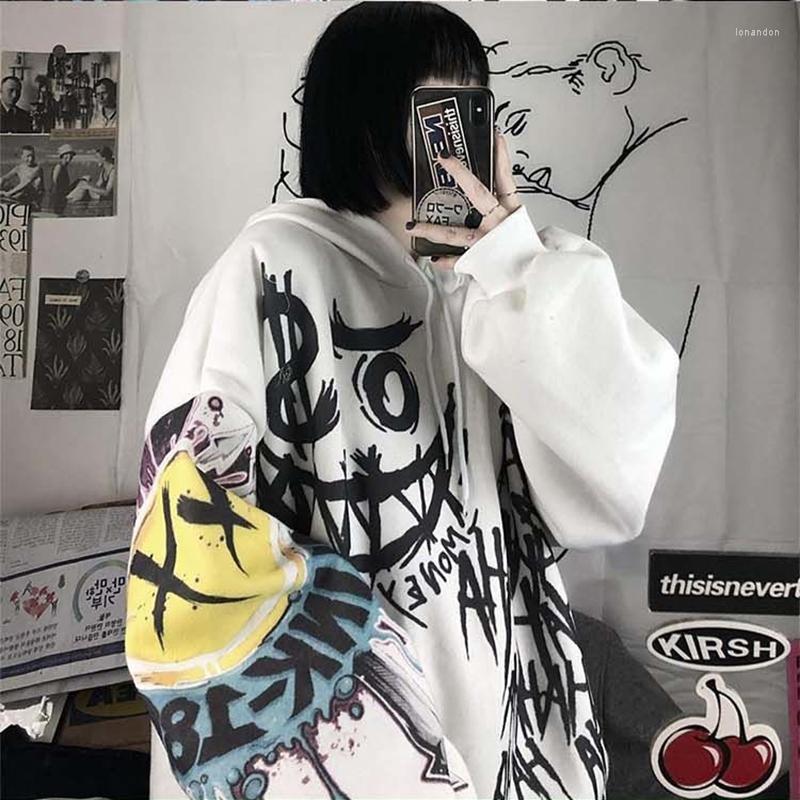 

Women' Hoodies Women Oversized Gothic Graffiti Sweatshirts Autumn Winter Y2K Punk Hooded Tops Female Korean Loose Long Sleeve Pullovers, Flame-white