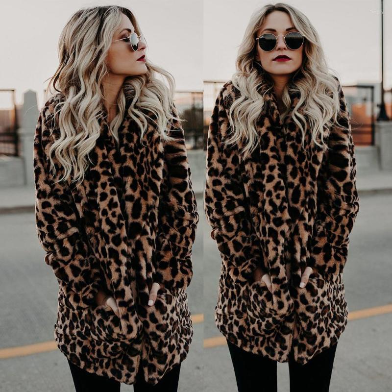 

Women's Fur Women Casual Notched Collar Leopard Print Artificial Coat Outwear, Brown