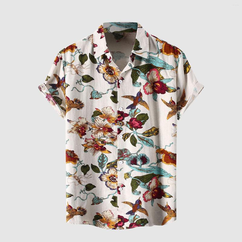 

Men' Casual Shirts Summer Men Shirt Birds Floral Print Short Sleeve Lapel Hawaiian Blouse Vacation Beach Tops Camisas