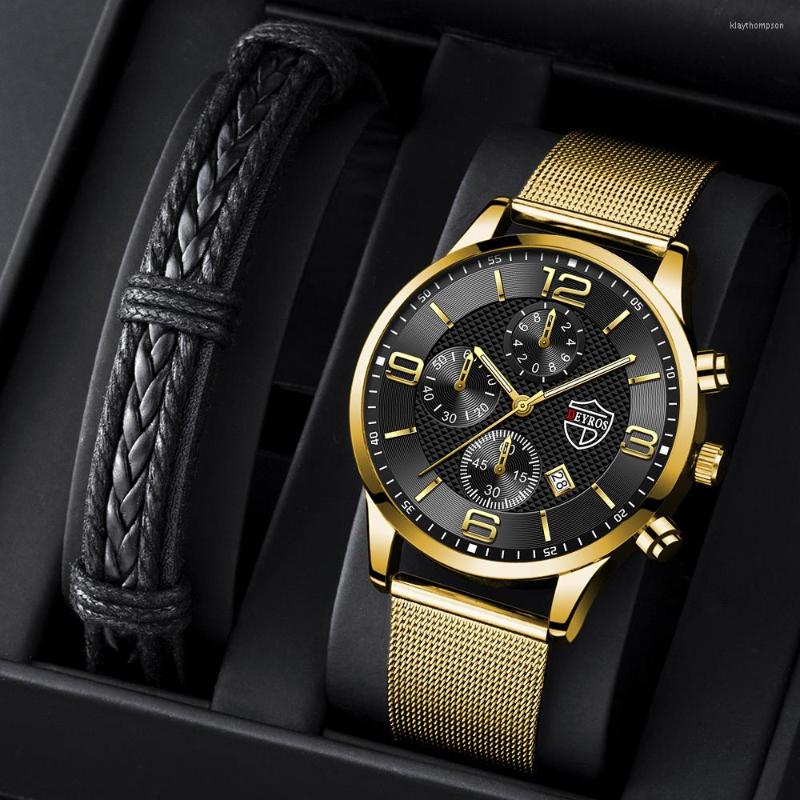 

Wristwatches Relogio Masculino Fashion Business Mens Watches Stainless Steel Mesh Belt Quartz Luxury Wrist Watch Wristband Men Luminous, As shown 1