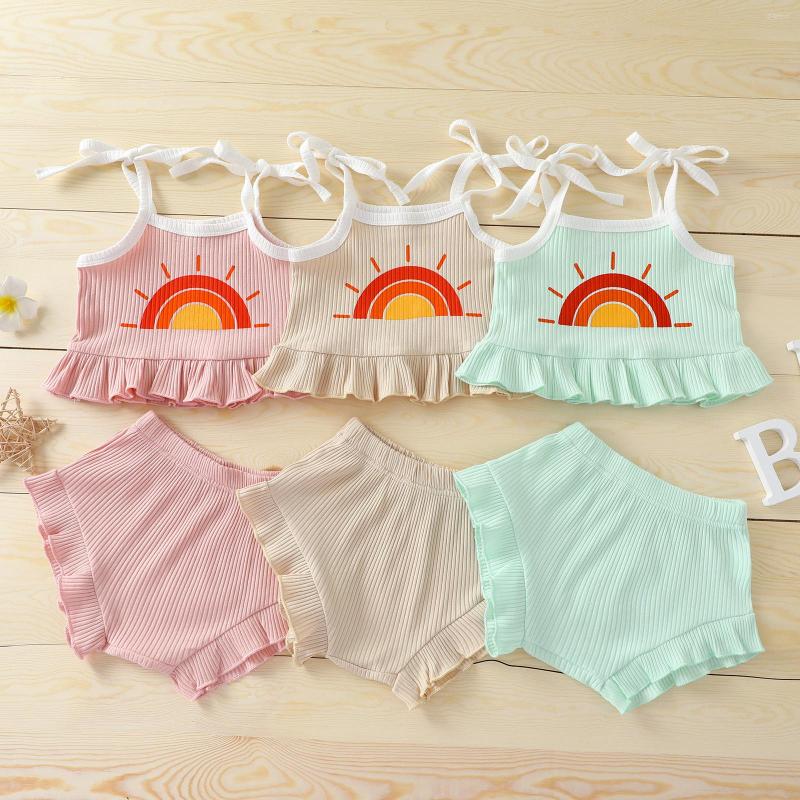 

Clothing Sets Kid Camisole Shorts Sun Pattern Bow Straps Elastic Waist Sweet Style Summer 6M-4T, Pink