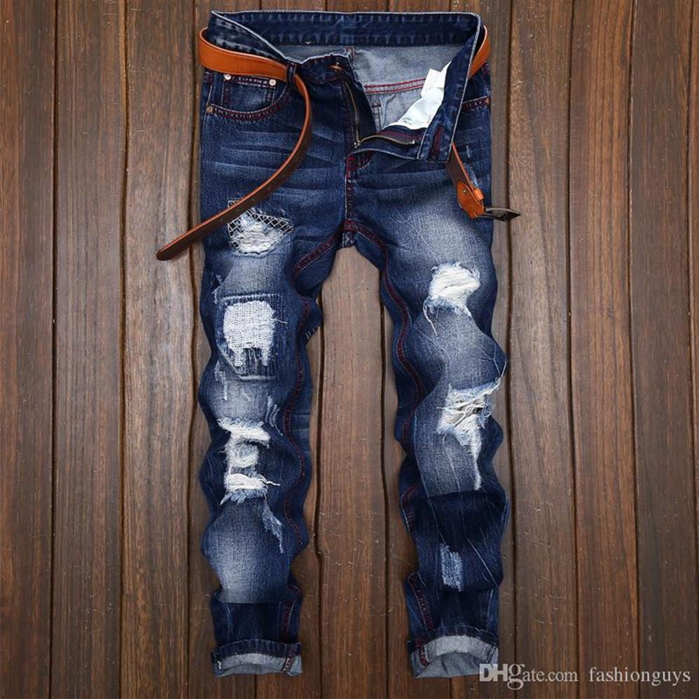 

New fashion cracked Jeans Men breaking hole tide male straight jeans do the old personality original cowboy Young men306y, Black