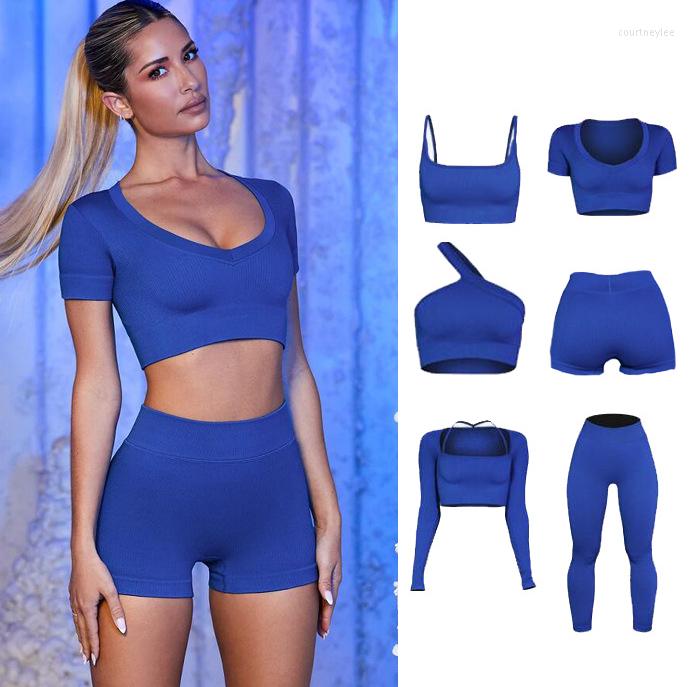 

Active Sets 6PCS Seamless Women Yoga Set Workout Sportswear Gym Clothing Fitness Long Sleeve Crop Top High Waist Leggings Sports Suits