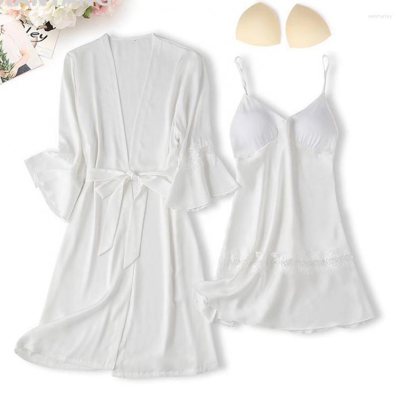 

Women's Sleepwear White Kimono Robe Gown Set Summer Lady Twinset Bathrobe Strap Nightgown Sexy With Lace V-Neck Loungewear, Orange pink - a