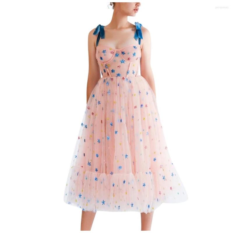 

Casual Dresses Fashion Sexy Yarn Sweet Sky Dress Long Pleated V-Neck Mesh Women Women, Pink