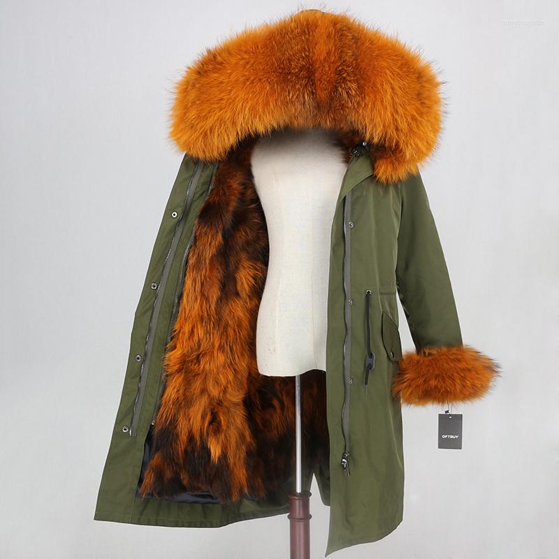 

Women' Fur Winter Jacket Women X-long Parka Waterproof Fabric Real Coat Natural Raccoon Collar Hood Cuffs Liner Detachable, Black green