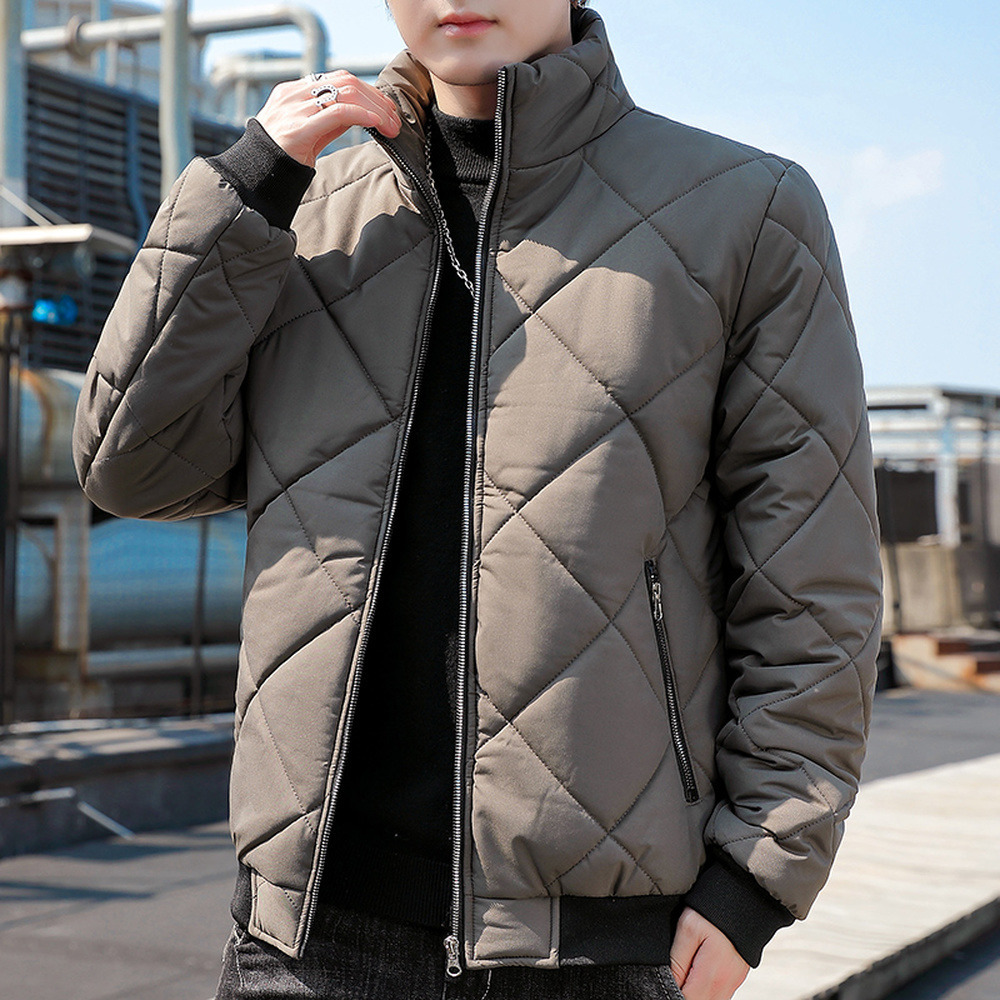 

Men's Leather Faux Leather Korean Fashion Puffer Jackets Men Stand Collar Plaid Pattern Casual Jackets Cotton Padded Coats Thicken Warm Mens Clothes Slim 221006, Khaki