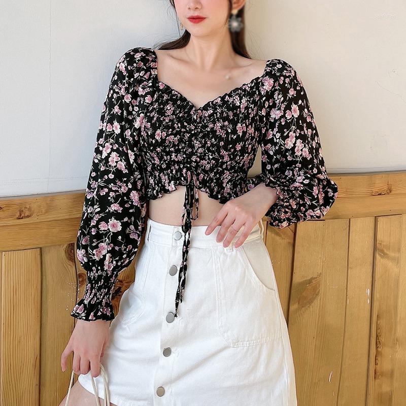 

Women's Blouses Sexy Crop Top Summer Square Collar Exposed Navel Long Women Sweet Floral Print Chiffon Shirt