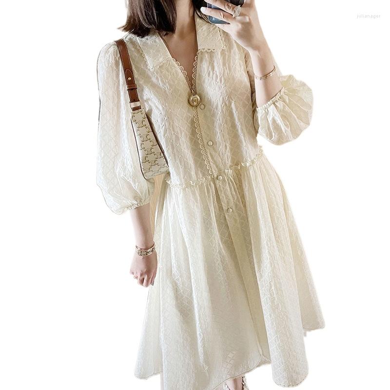 

Casual Dresses 2022 Summer Fashion Temperament Senior Niche Design Embossed Wrinkled Lantern Sleeves Commuter Dress Girl, Orange