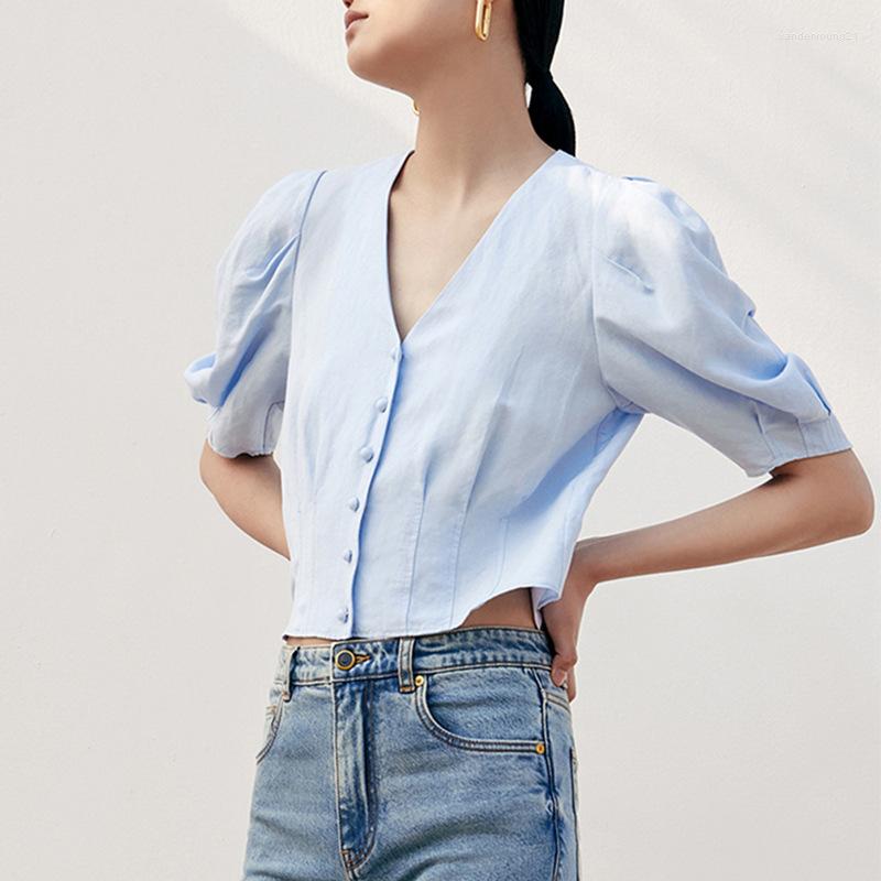

Women's Blouses Linen Women's V-Neck Puff Sleeve Short Shirt Ladies 2022 Summer Simple Solid Color Commuter Single Breasted Blouse Tops, White