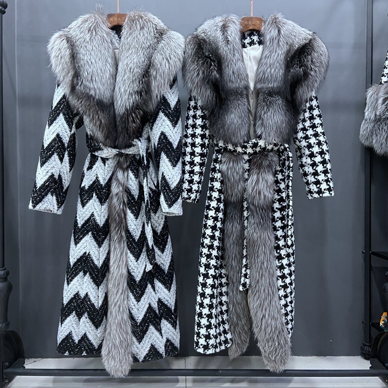 

Women's Fur Faux Luxury Women Winter Coat X Long Thick Warm Outwear With Real Big Silver Collar Trim Natural Plaid Jacket 221006, Color 1