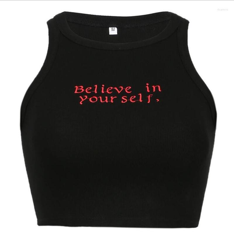 

Women' Tanks Summer Sexy Casual Umbilical Tight Round Neck Letter Embroidery Crop Top, Black