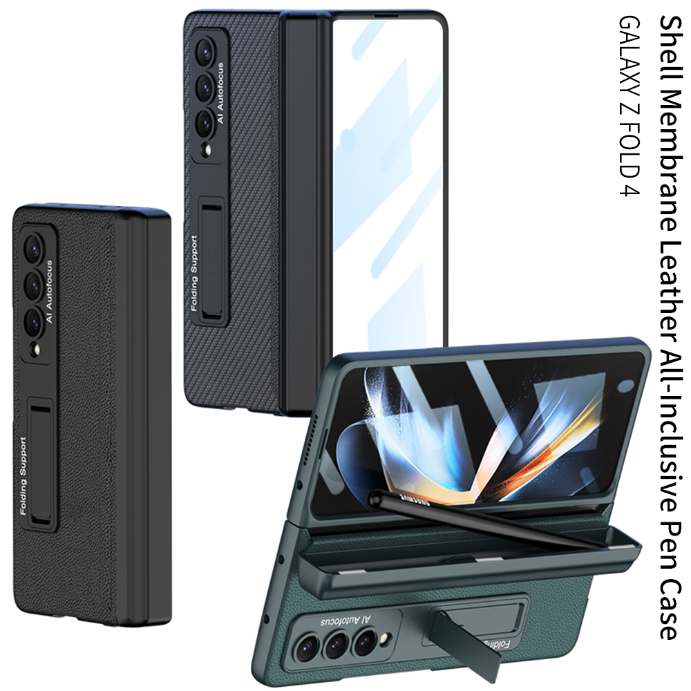 

Magnetic Hinge Cases For Samsung Galaxy Z Fold 4 Fold 3 5G Case Tempered Glass Film Screen Protector Leather Pen Box Cover, Gold