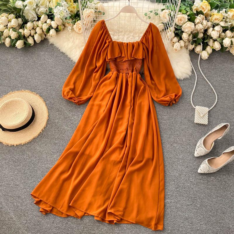 

Casual Dresses Chic Gentle Wind Women's Dress Autumn 2022 Retro For Women Ruffles Square Neck Puff Sleeve Chiffon Woman, Black