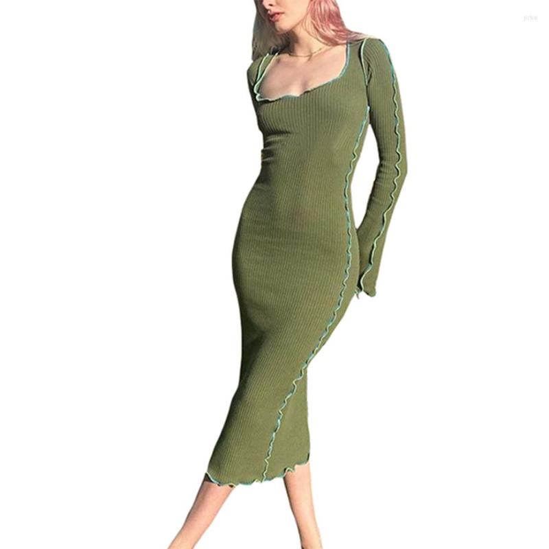 

Casual Dresses Douhoow Women Autumn Sheath Dress Long Sleeves Knitted Solid Color Square Neck Slim Mid-Calf For Ladies Wholesale, Green