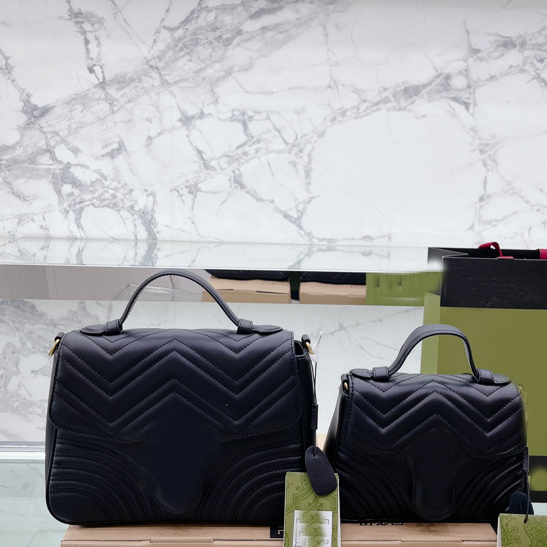 

Marmont mini top handle bag Lady Black chevron leather Double G Handbags Detachable chain Shoulder Bags Cotton linen lining Purses Crossbody Classic Womens Totes, Customize