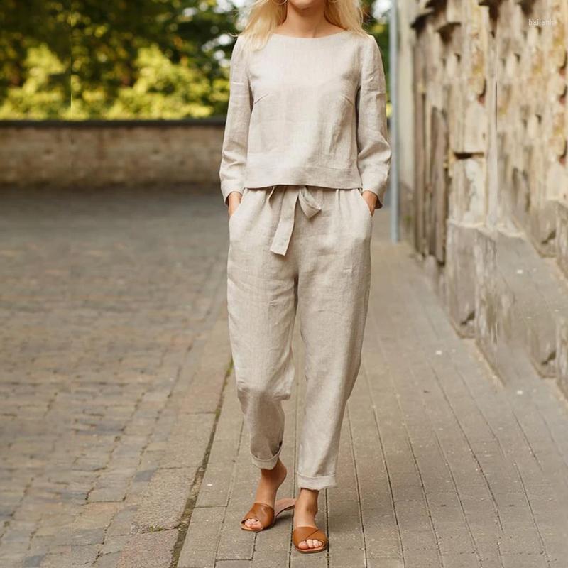 

Women's Two Piece Pants Crew Neck Cotton Linen Solid Color 2-Piece Suit, Beige