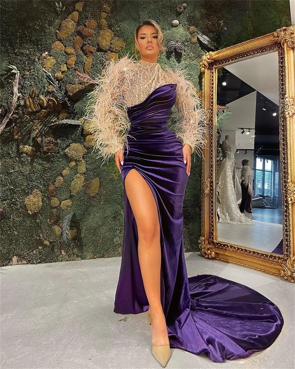 Veet Robes de soirée 2024, robes de bal de sirène violette avec des plumes