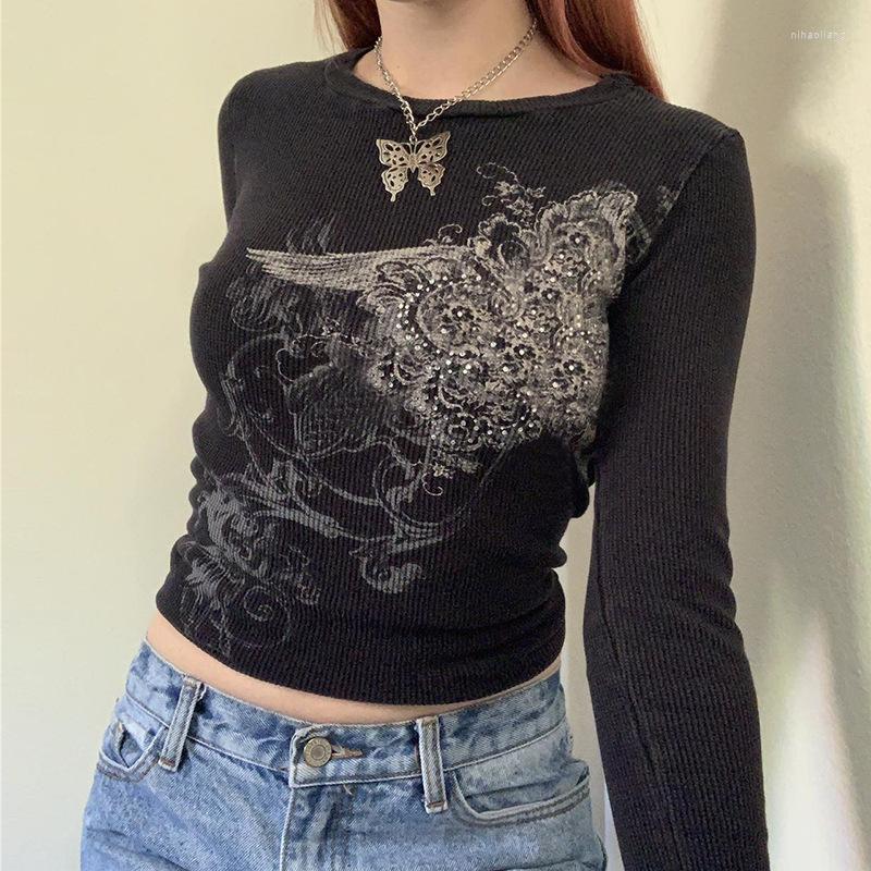 

Women' Tanks Xingqing Rhinestone Crop Top Graphic Print Y2k Grunge Fairycore Long Sleeve Tshirt 2000s Aesthetic Women Harajuku Tee, As photo shows
