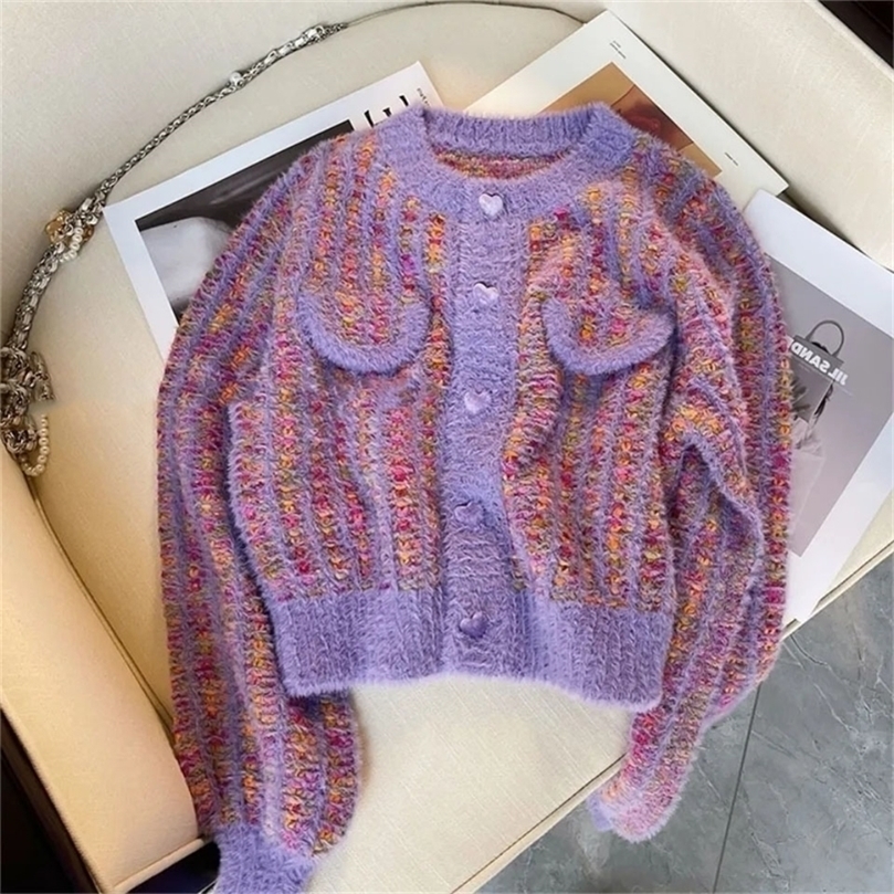 

Womens Knits Tees Sweet Fashion Heart Buttons Mink Cashmere Sweater Women Korean Round Neck Short Knitted Coat Elegant Plush Soft Knit Cardigan 221007, Pink