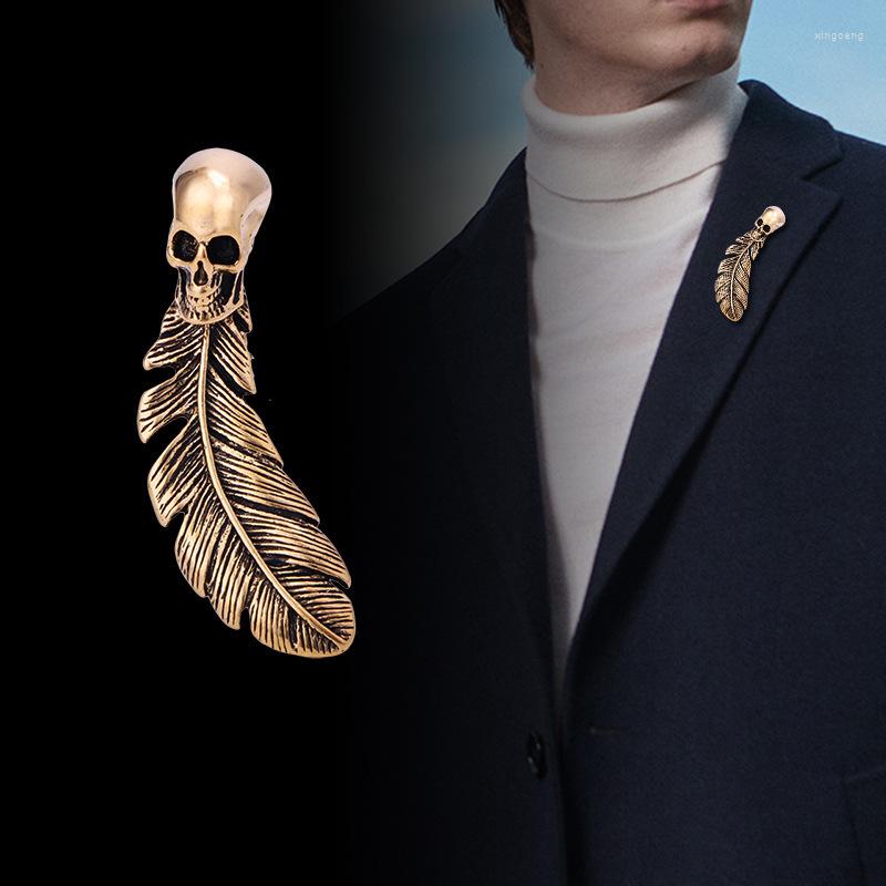 

Brooches Vintage Halloween Skull Brooch Metal Feather Lapel Pin Suit Shirt Badge For Women Men Accessories Jewerly