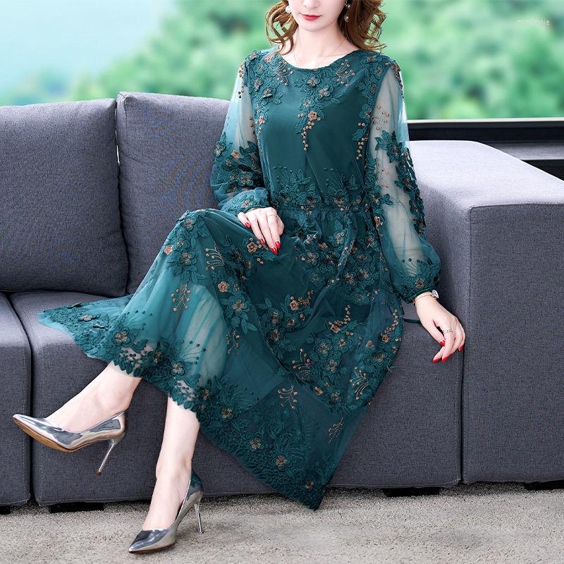 

Casual Dresses 2022 Embroidered Dress Women Spring Autumn Loose Fashion Mesh Patchwork A-Line Long Elegant Female K157, Dark green