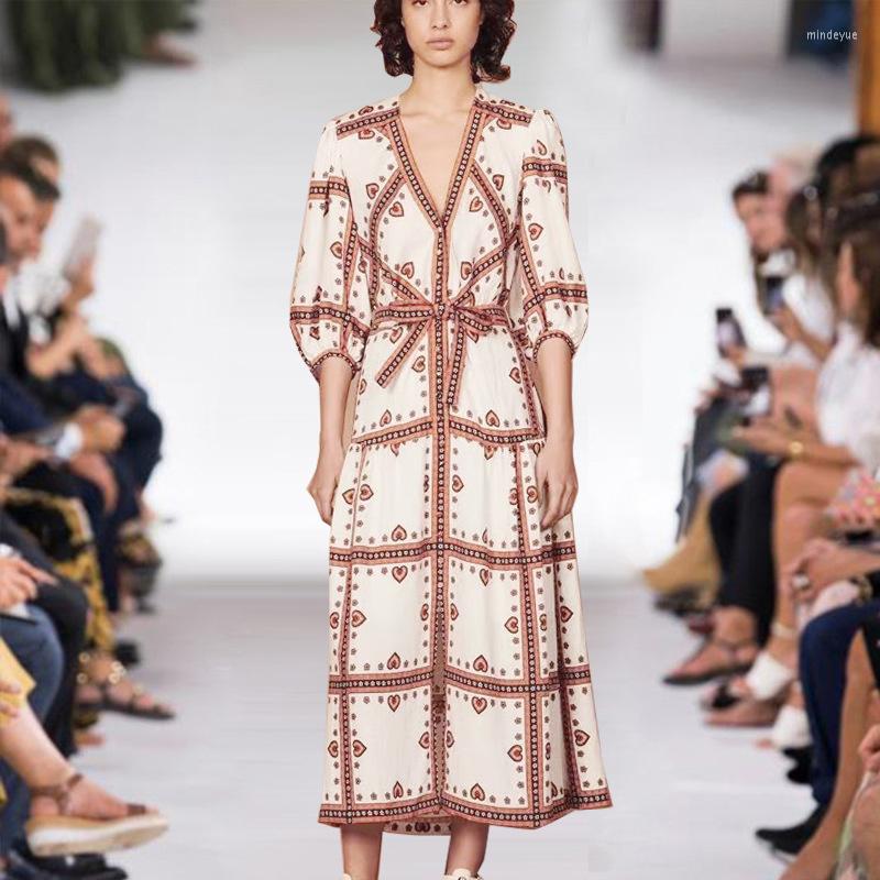 

Casual Dresses High Quality Early Autumn 2022 Women' Wear V-neck Lantern 7-sleeve Positioning Print Medium Length Dress, Color