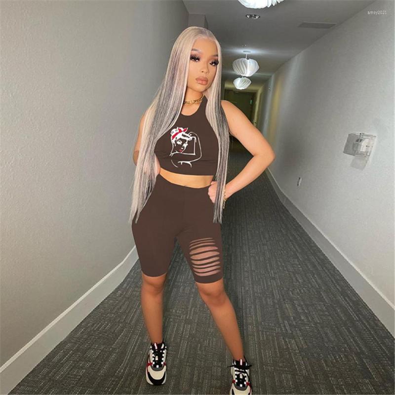 

Women' Tracksuits Casual Two Piece Short Set Printing Burnt Holes Sleeveless Vest Sports Biker Streetwear Matching Women Summer, Black