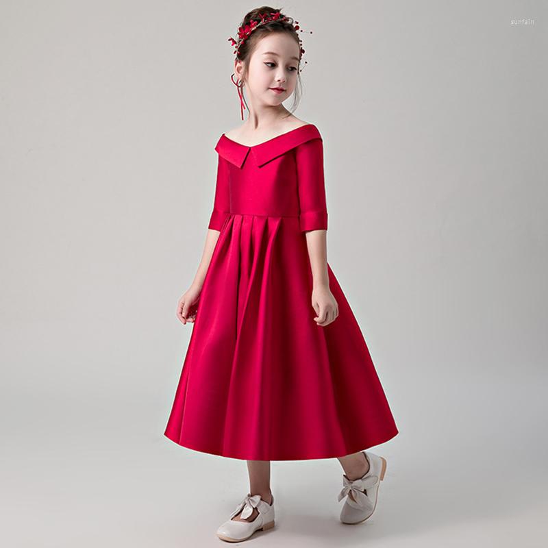 

Girl Dresses Children's Birthday Party Dress Long-sleeved Satin Linen Neckline Girls Long Princess Communion, As pciture