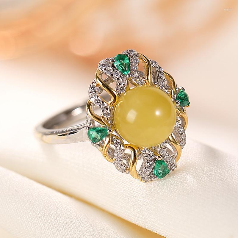

Cluster Rings Natural 925 Sterling Silver Gilt Inlaid Amber Individuality Retro Hollow Out Resizable Women Jewelry
