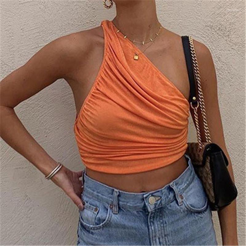 

Women's Tanks One Shoulder Crop Top Women Ruched Short Tank Sexy Women's Summer Cropped Cami Tops White Black Green Orange